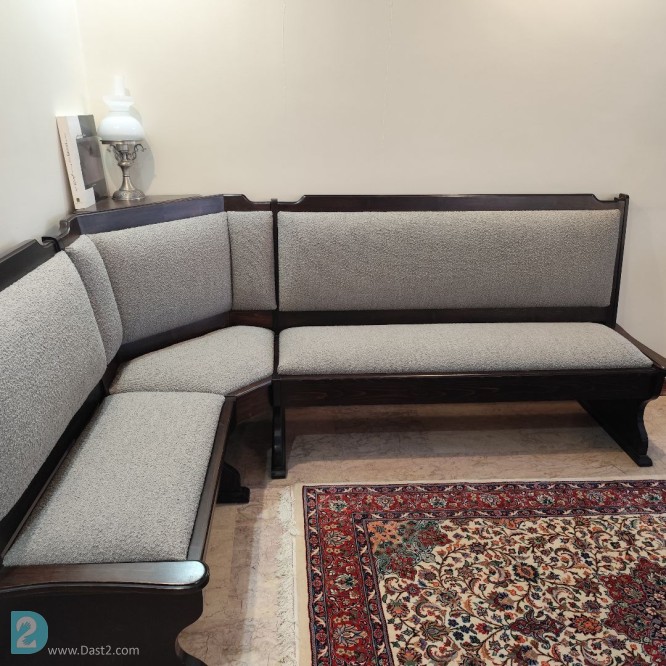 آگهی رایگان مبل چوبی ال‌شکل با بدنه چوب فنلاندی | دست‌اول، سالم و تمیز | قابل تفکیک  متن آگهی